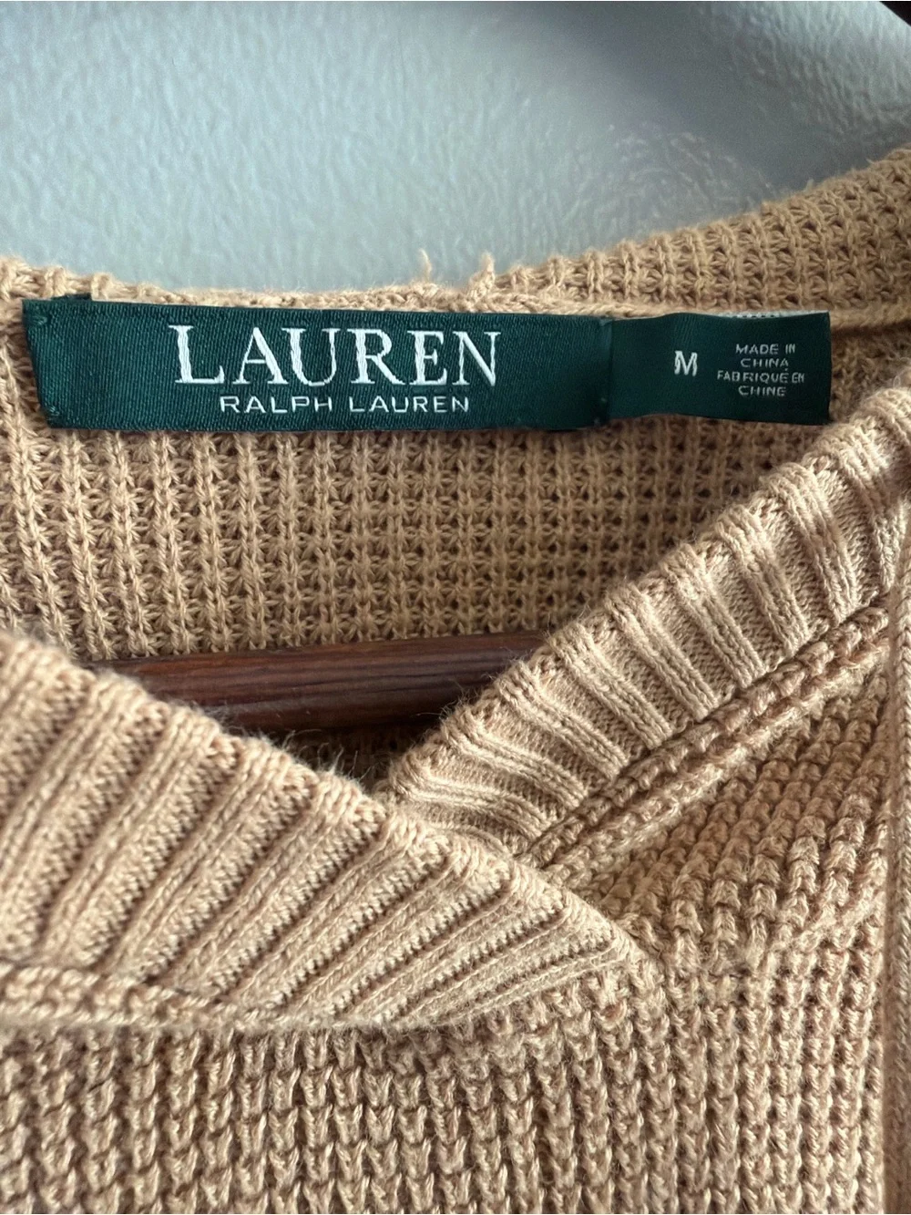 Lauren Ralph Lauren Hooded Waffle Knit Sweater Hoodie Tan 100% Cotton Medium